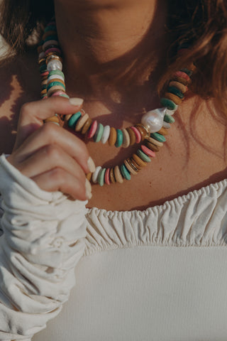 Candy Necklace Rainbow, a favorite of the season crafted with colorful glass beads and two large baroque freshwater pearls.