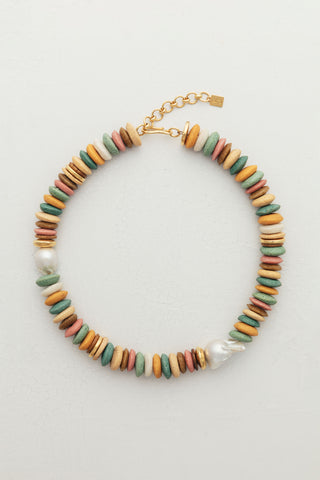 Candy Necklace Rainbow, a favorite of the season crafted with colorful glass beads and two large baroque freshwater pearls.